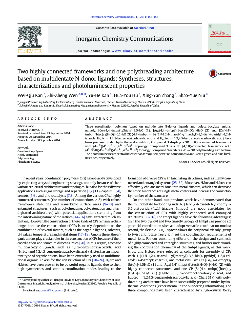 Two highly connected frameworks and one polythreading architecture based on multidentate N-donor ligands: Syntheses, structures, characterizations and photoluminescent properties