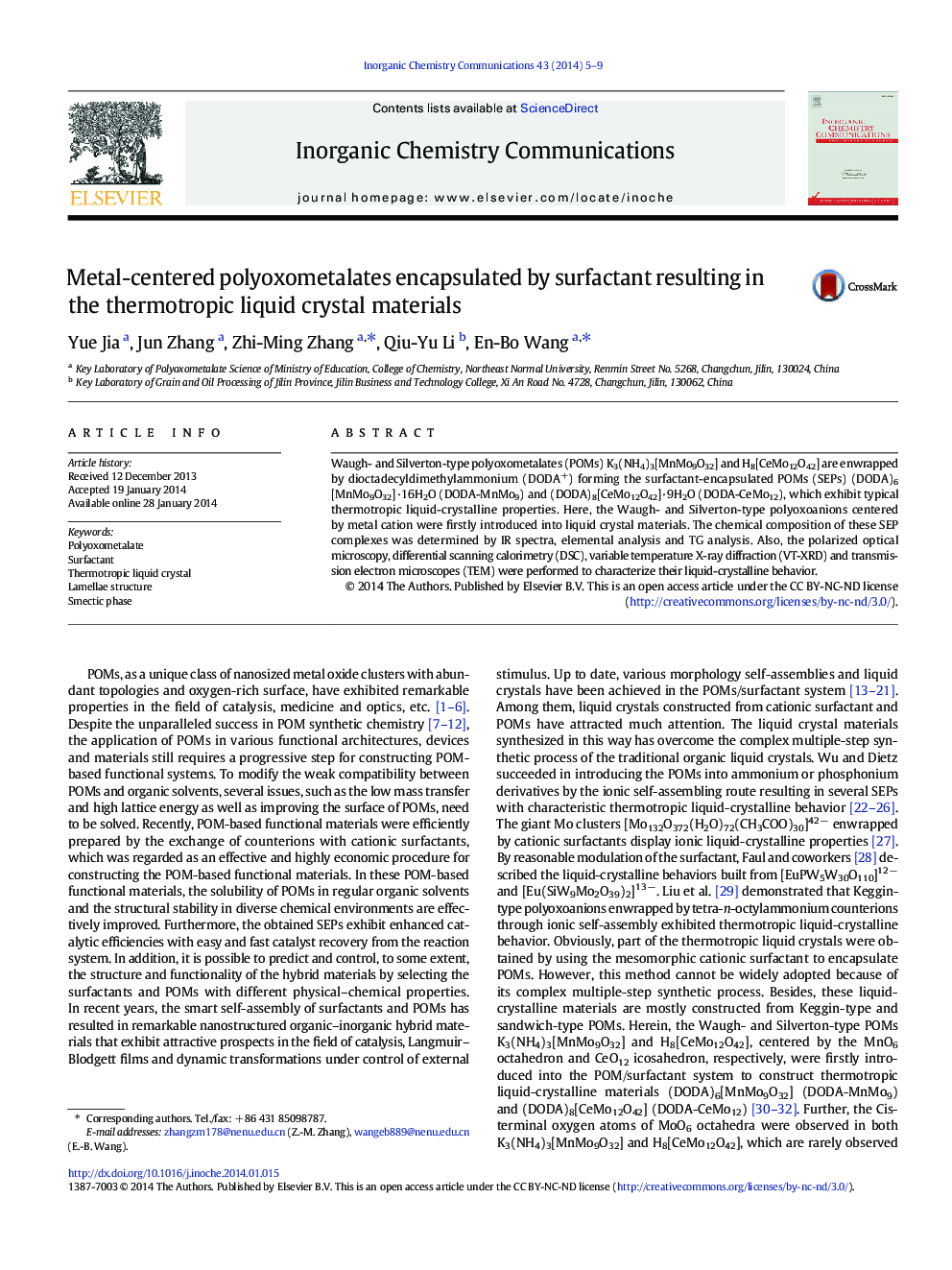 Metal-centered polyoxometalates encapsulated by surfactant resulting in the thermotropic liquid crystal materials