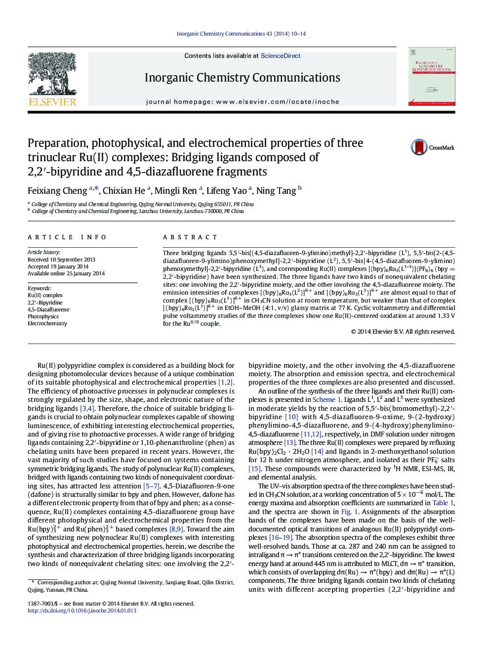 Preparation, photophysical, and electrochemical properties of three trinuclear Ru(II) complexes: Bridging ligands composed of 2,2â²-bipyridine and 4,5-diazafluorene fragments