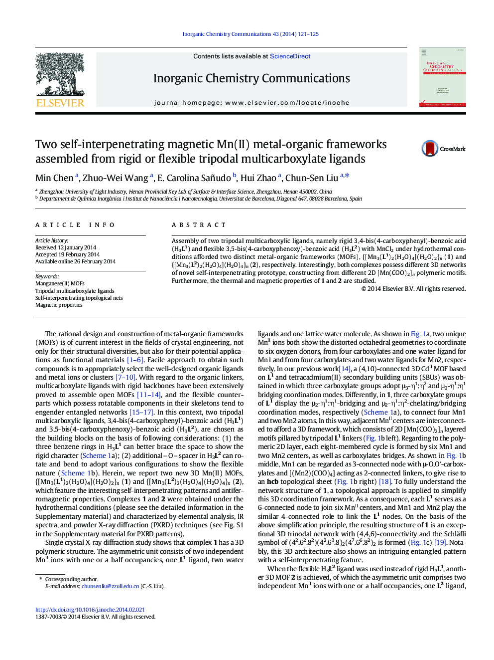 Two self-interpenetrating magnetic Mn(II) metal-organic frameworks assembled from rigid or flexible tripodal multicarboxylate ligands