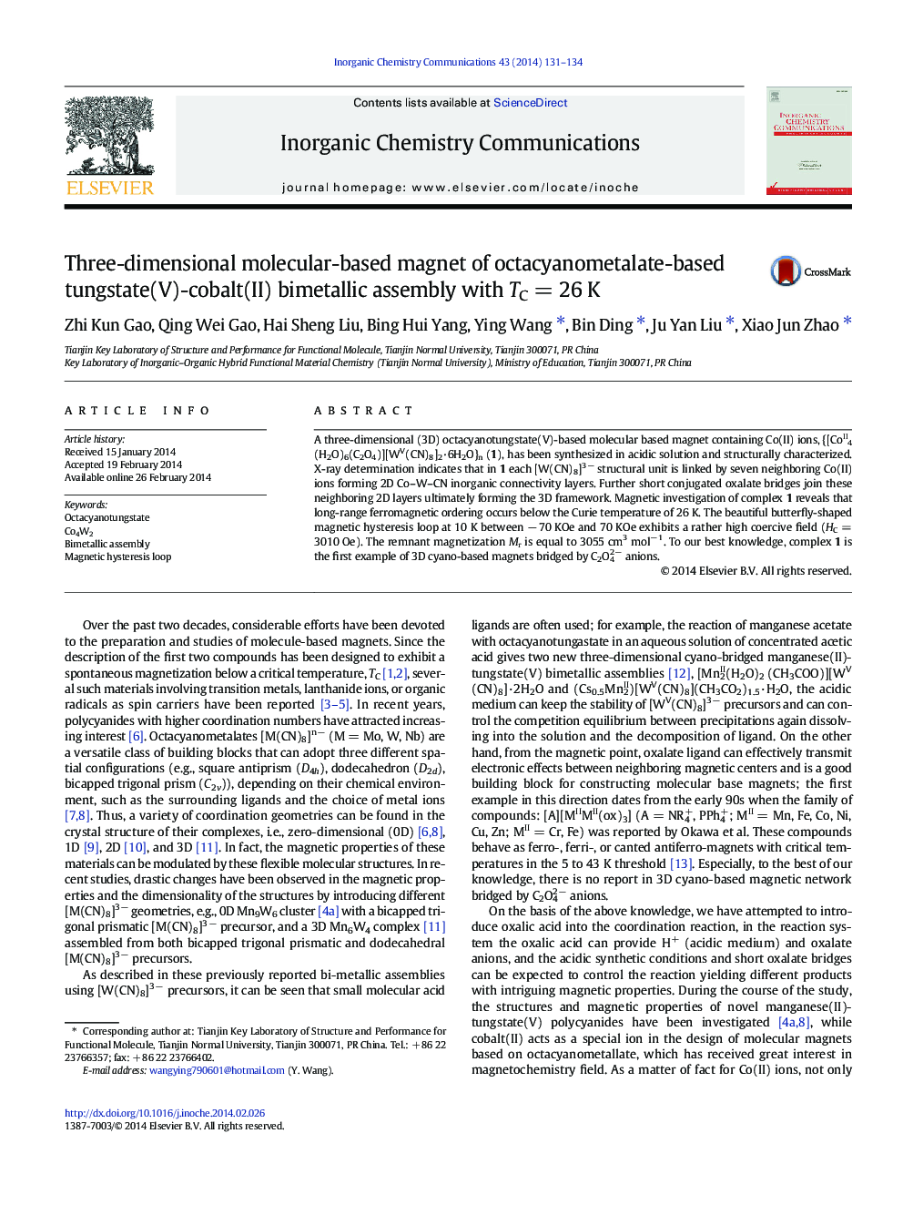 Three-dimensional molecular-based magnet of octacyanometalate-based tungstate(V)-cobalt(II) bimetallic assembly with TCÂ =Â 26Â K