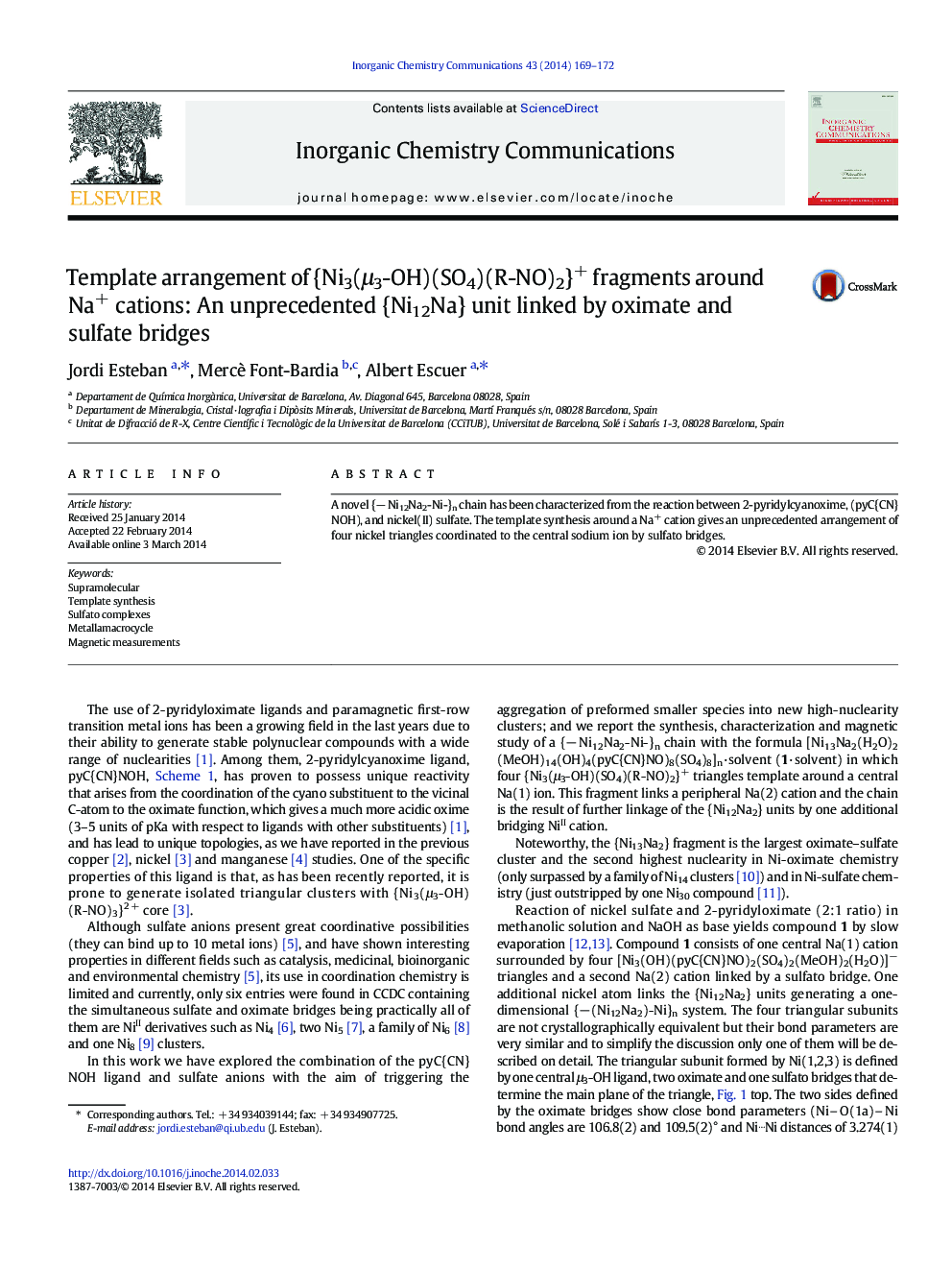 Template arrangement of {Ni3(Î¼3-OH)(SO4)(R-NO)2}+ fragments around Na+ cations: An unprecedented {Ni12Na} unit linked by oximate and sulfate bridges