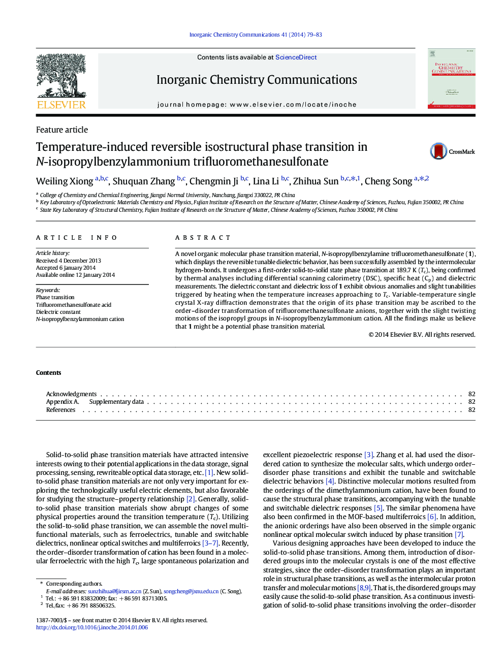 Temperature-induced reversible isostructural phase transition in N-isopropylbenzylammonium trifluoromethanesulfonate