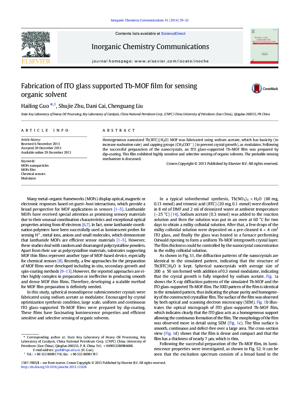 Fabrication of ITO glass supported Tb-MOF film for sensing organic solvent