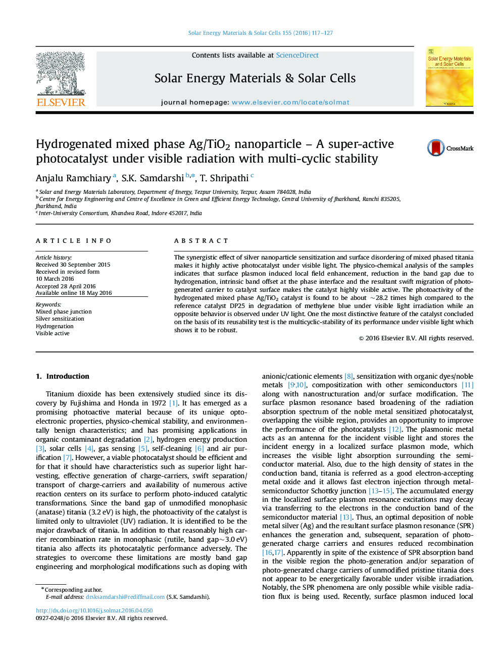 Hydrogenated mixed phase Ag/TiO2 nanoparticle – A super-active photocatalyst under visible radiation with multi-cyclic stability