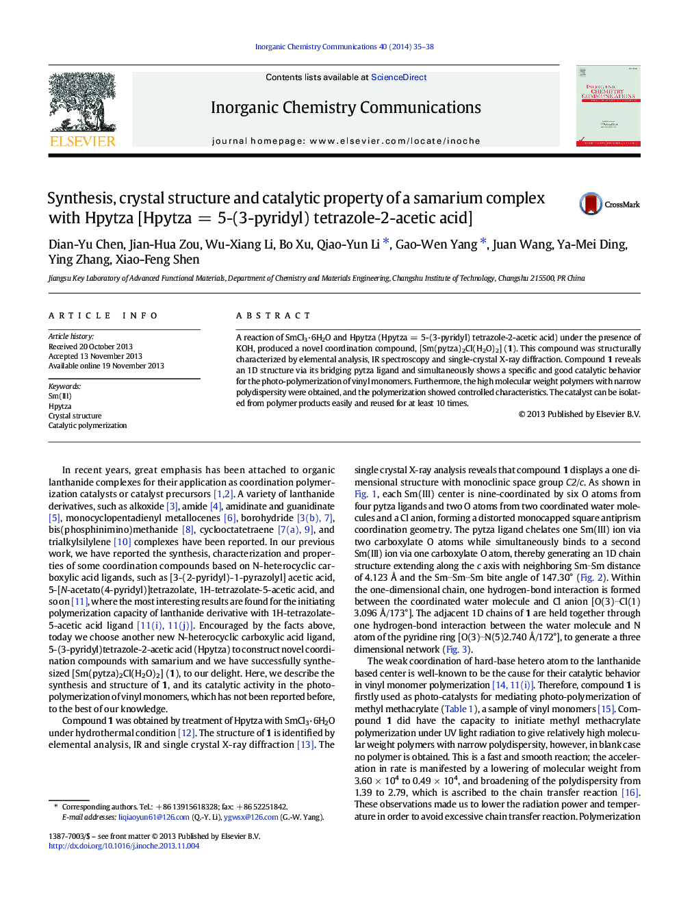 Synthesis, crystal structure and catalytic property of a samarium complex with Hpytza [HpytzaÂ =Â 5-(3-pyridyl) tetrazole-2-acetic acid]