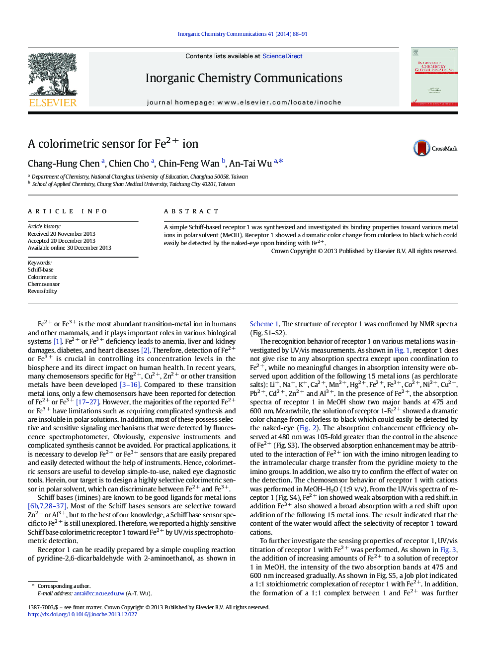 A colorimetric sensor for Fe2Â + ion