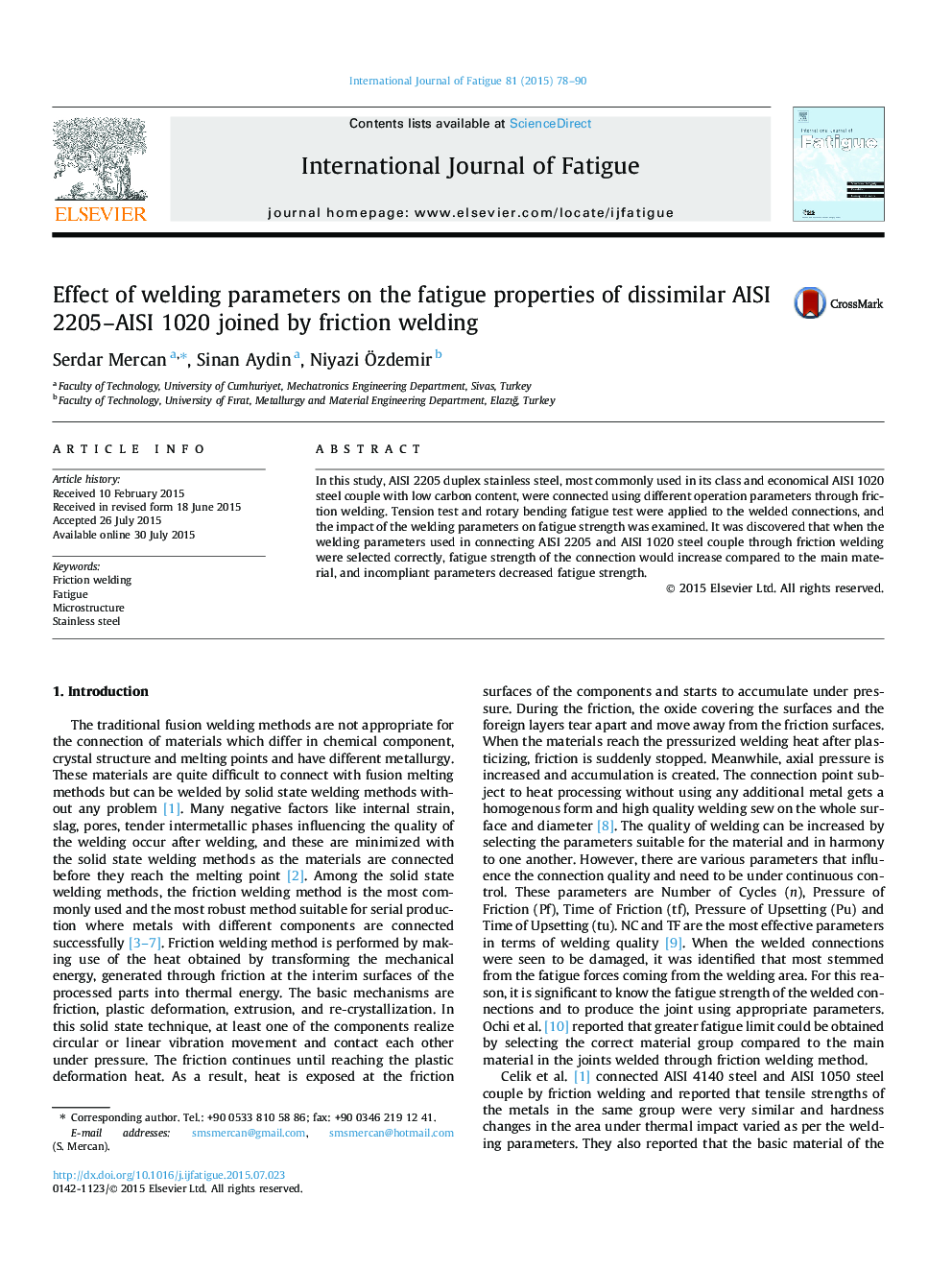 Effect of welding parameters on the fatigue properties of dissimilar AISI 2205–AISI 1020 joined by friction welding