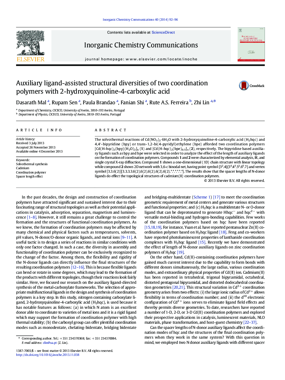 Auxiliary ligand-assisted structural diversities of two coordination polymers with 2-hydroxyquinoline-4-carboxylic acid