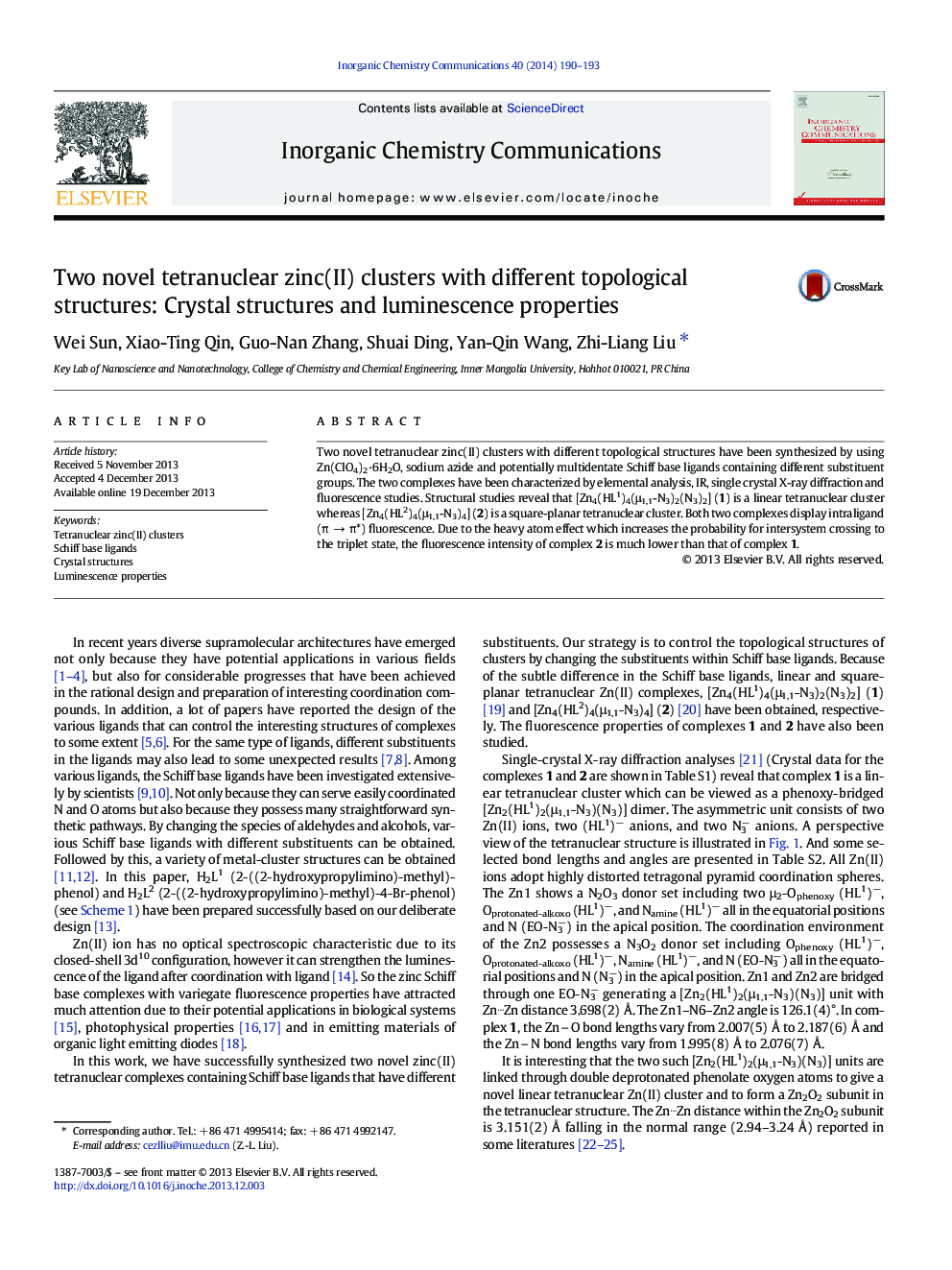 Two novel tetranuclear zinc(II) clusters with different topological structures: Crystal structures and luminescence properties