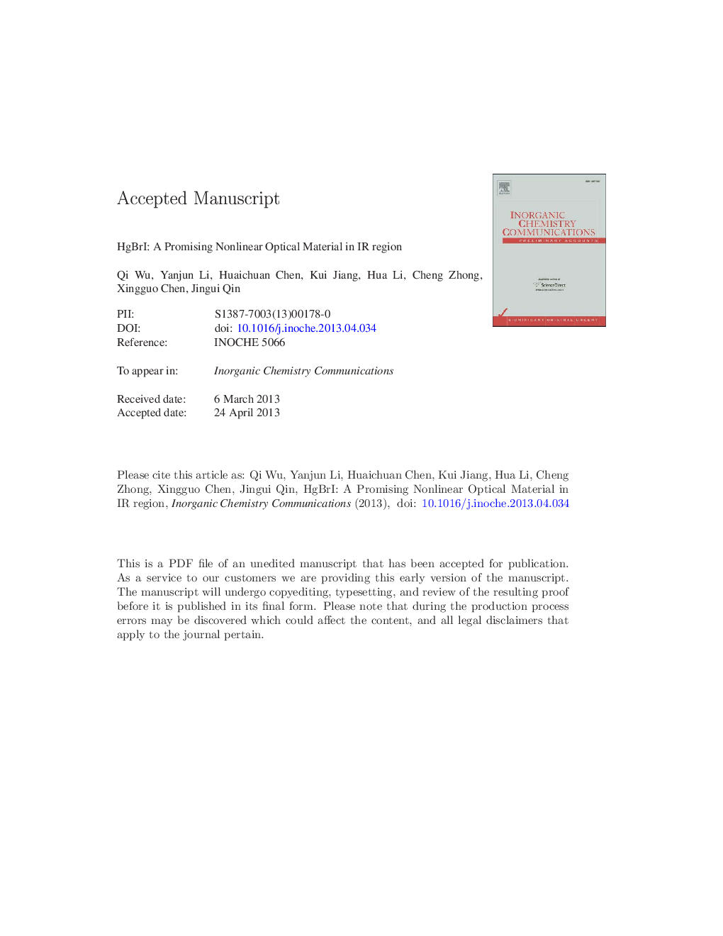عکس صفحه اول مقاله: HgBrI: A promising nonlinear optical material in IR region HgBrI: A promising nonlinear optical material in IR region