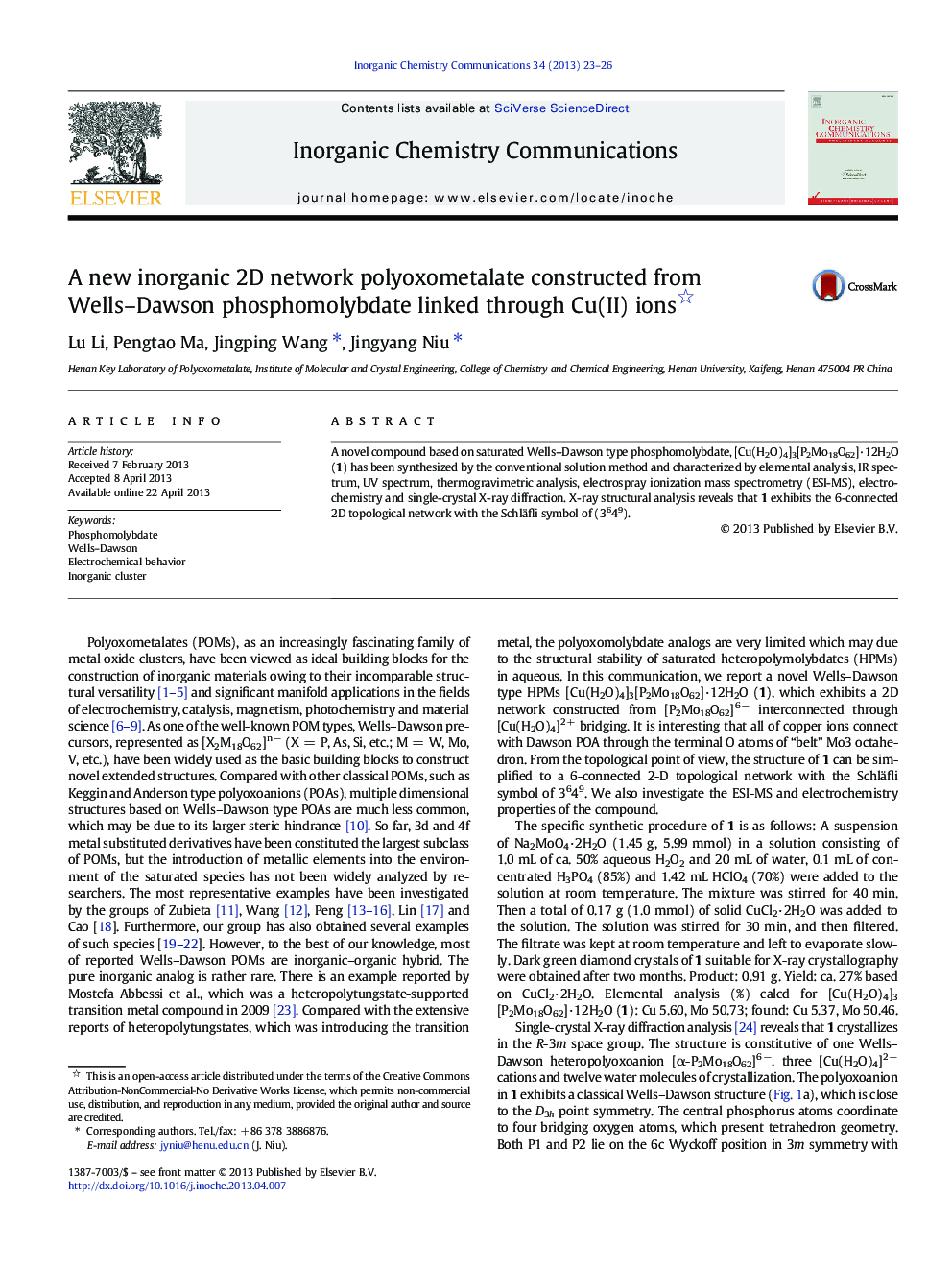 A new inorganic 2D network polyoxometalate constructed from Wells-Dawson phosphomolybdate linked through Cu(II) ions