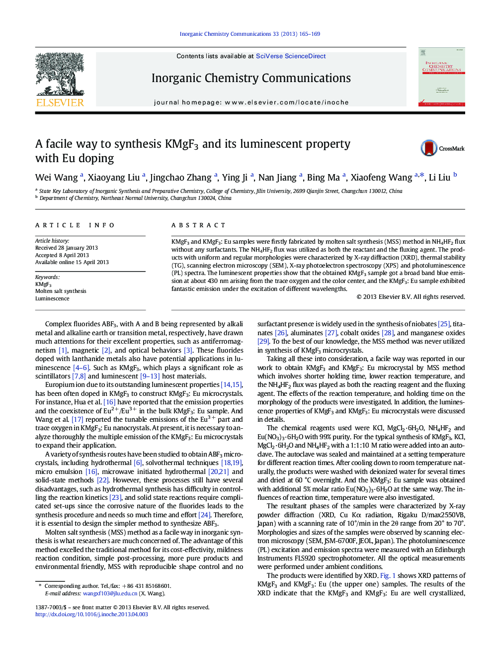 A facile way to synthesis KMgF3 and its luminescent property with Eu doping