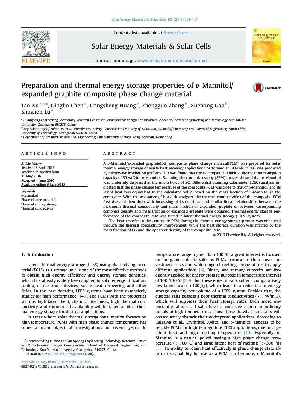 Preparation and thermal energy storage properties of d-Mannitol/expanded graphite composite phase change material