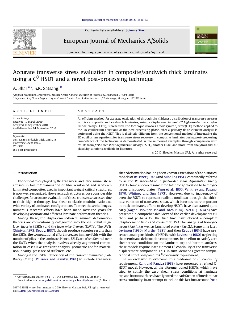 Accurate transverse stress evaluation in composite/sandwich thick laminates using a C0 HSDT and a novel post-processing technique