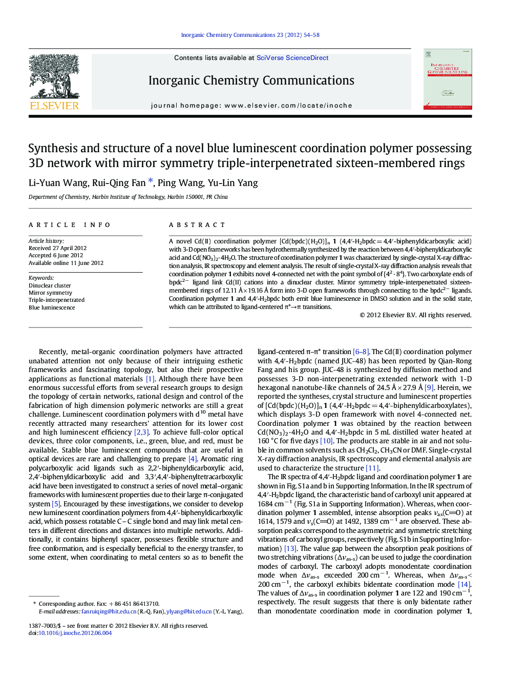 Synthesis and structure of a novel blue luminescent coordination polymer possessing 3D network with mirror symmetry triple-interpenetrated sixteen-membered rings