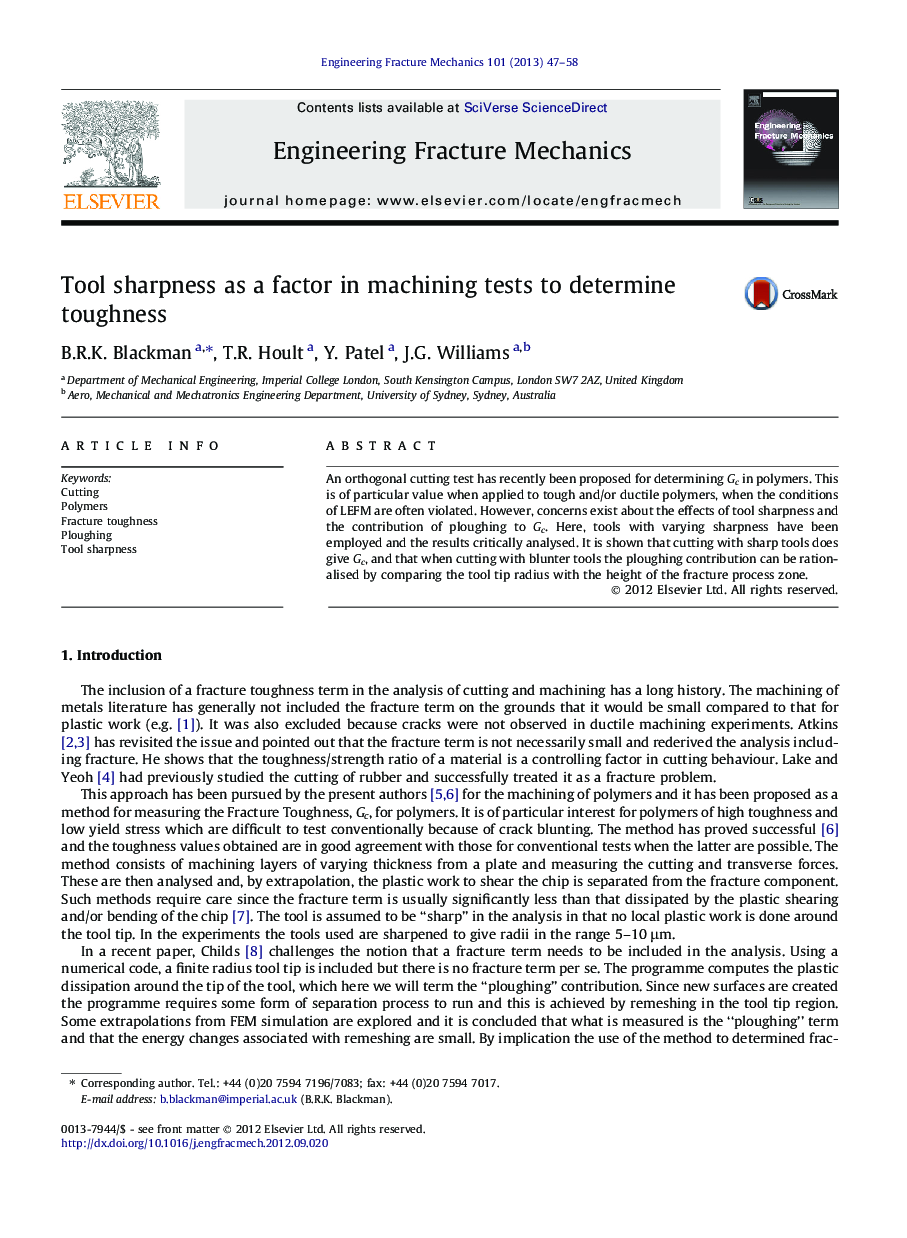 Tool sharpness as a factor in machining tests to determine toughness