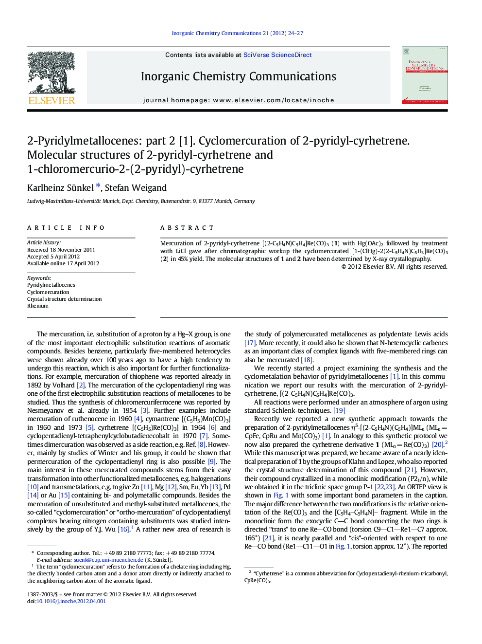 2-Pyridylmetallocenes: part 2 [1]. Cyclomercuration of 2-pyridyl-cyrhetrene. Molecular structures of 2-pyridyl-cyrhetrene and 1-chloromercurio-2-(2-pyridyl)-cyrhetrene