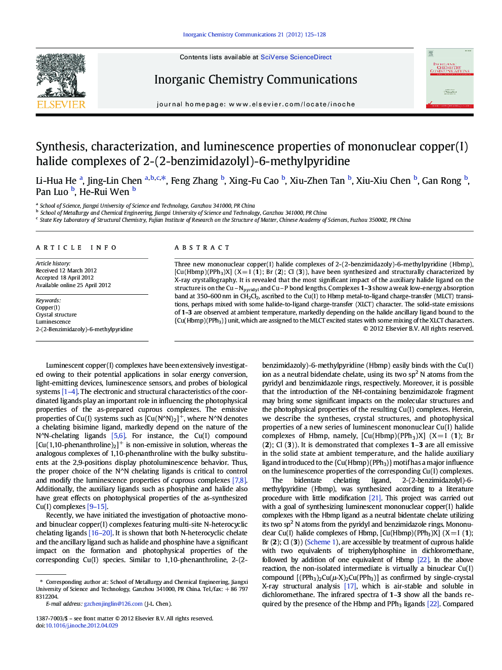 Synthesis, characterization, and luminescence properties of mononuclear copper(I) halide complexes of 2-(2-benzimidazolyl)-6-methylpyridine