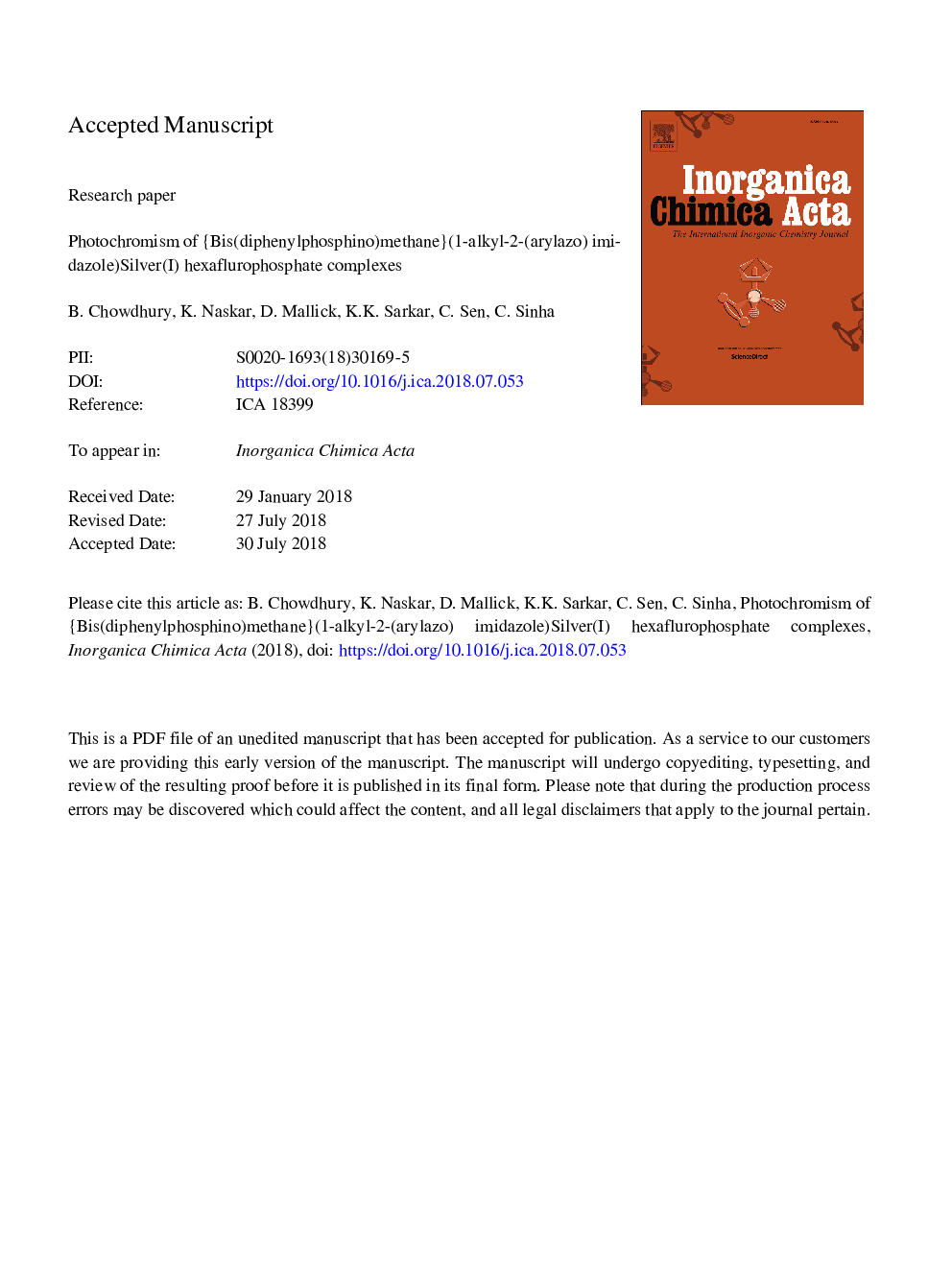 Photochromism of {bis(diphenylphosphino)methane}(1-alkyl-2-(arylazo)imidazole)silver(I) hexaflurophosphate complexes