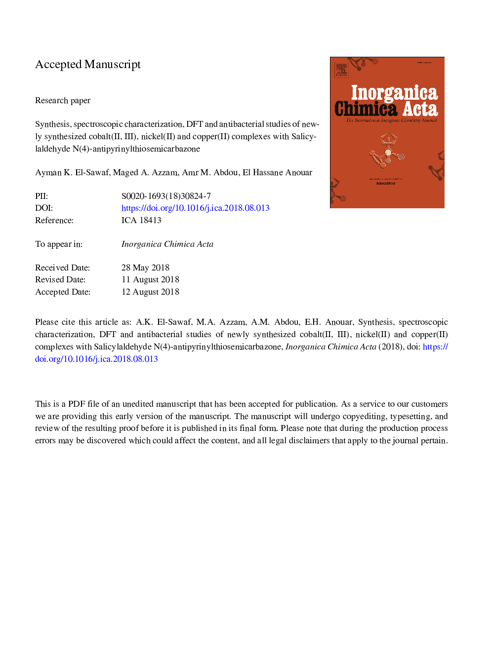 عکس صفحه اول مقاله: Synthesis, spectroscopic characterization, DFT and antibacterial studies of newly synthesized cobalt(II, III), nickel(II) and copper(II) complexes with salicylaldehyde N(4)-antipyrinylthiosemicarbazone Synthesis, spectroscopic characterization, DFT and antibacterial studies of newly synthesized cobalt(II, III), nickel(II) and copper(II) complexes with salicylaldehyde N(4)-antipyrinylthiosemicarbazone