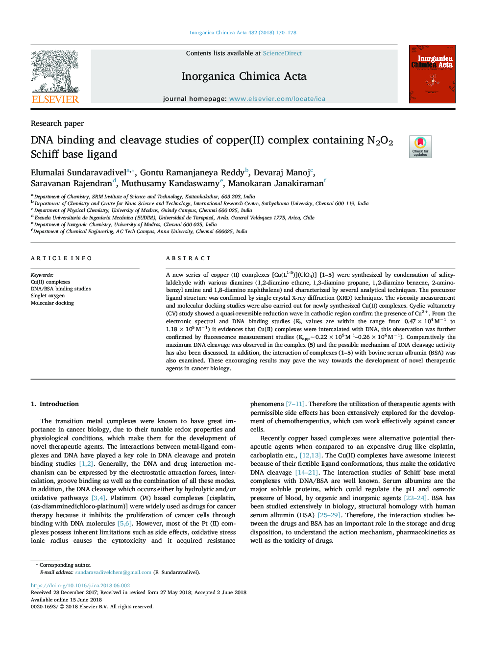 DNA binding and cleavage studies of copper(II) complex containing N2O2 Schiff base ligand