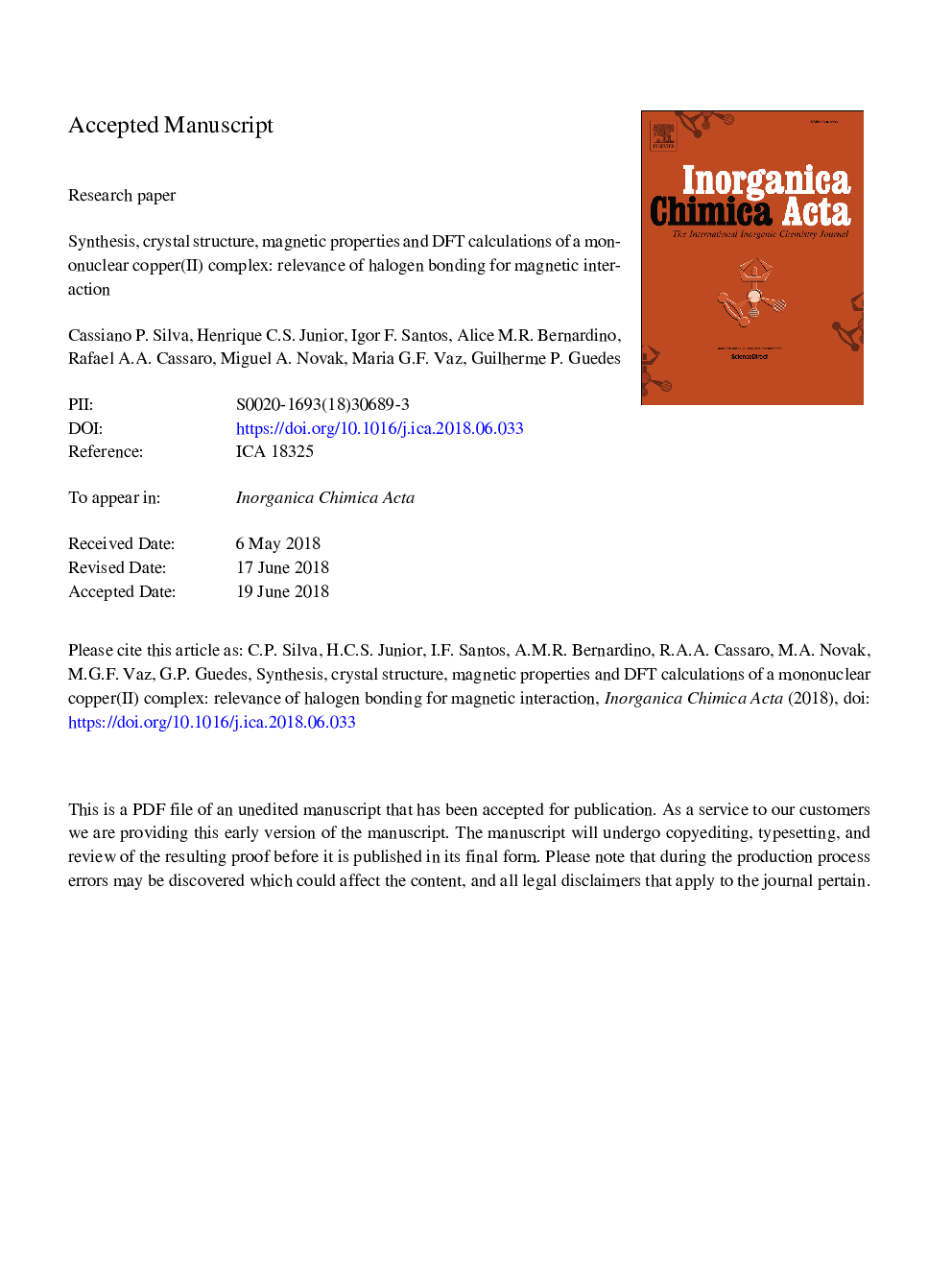 Synthesis, crystal structure, magnetic properties and DFT calculations of a mononuclear copper(II) complex: Relevance of halogen bonding for magnetic interaction