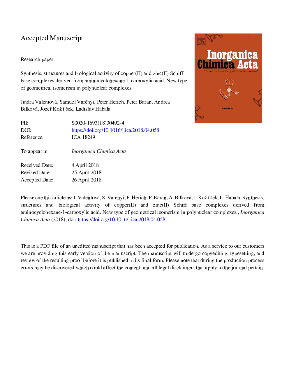 Synthesis, structures and biological activity of copper(II) and zinc(II) Schiff base complexes derived from aminocyclohexane-1-carboxylic acid. New type of geometrical isomerism in polynuclear complexes