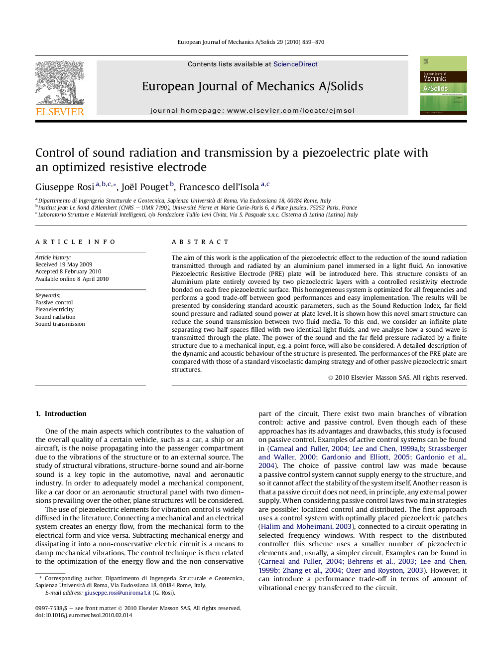 Control of sound radiation and transmission by a piezoelectric plate with an optimized resistive electrode