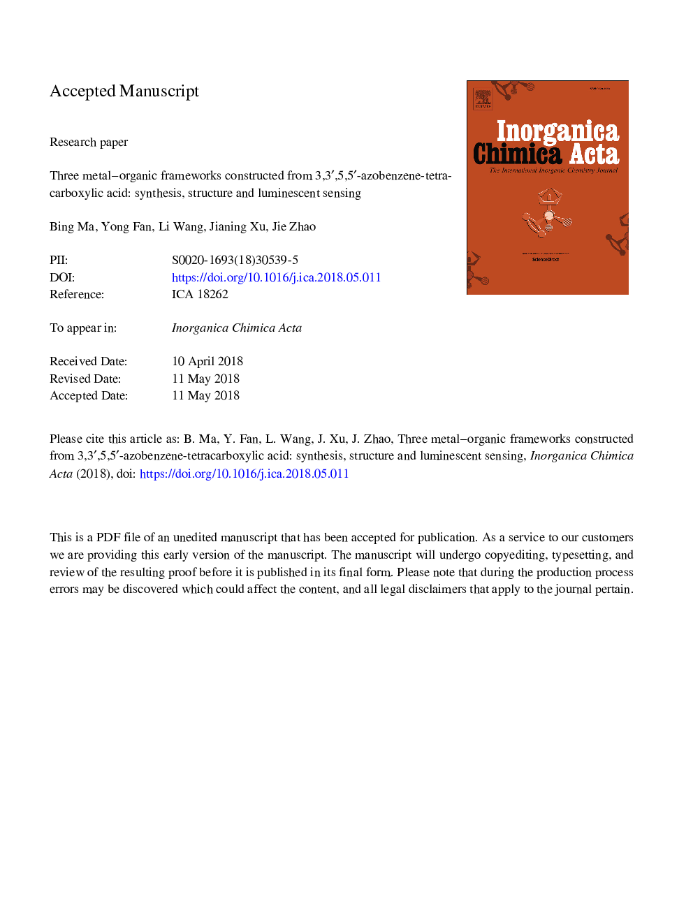 عکس صفحه اول مقاله: Three metal-organic frameworks constructed from 3,3â²,5,5â²-azobenzene-tetracarboxylic acid: Synthesis, structure and luminescent sensing Three metal-organic frameworks constructed from 3,3â²,5,5â²-azobenzene-tetracarboxylic acid: Synthesis, structure and luminescent sensing