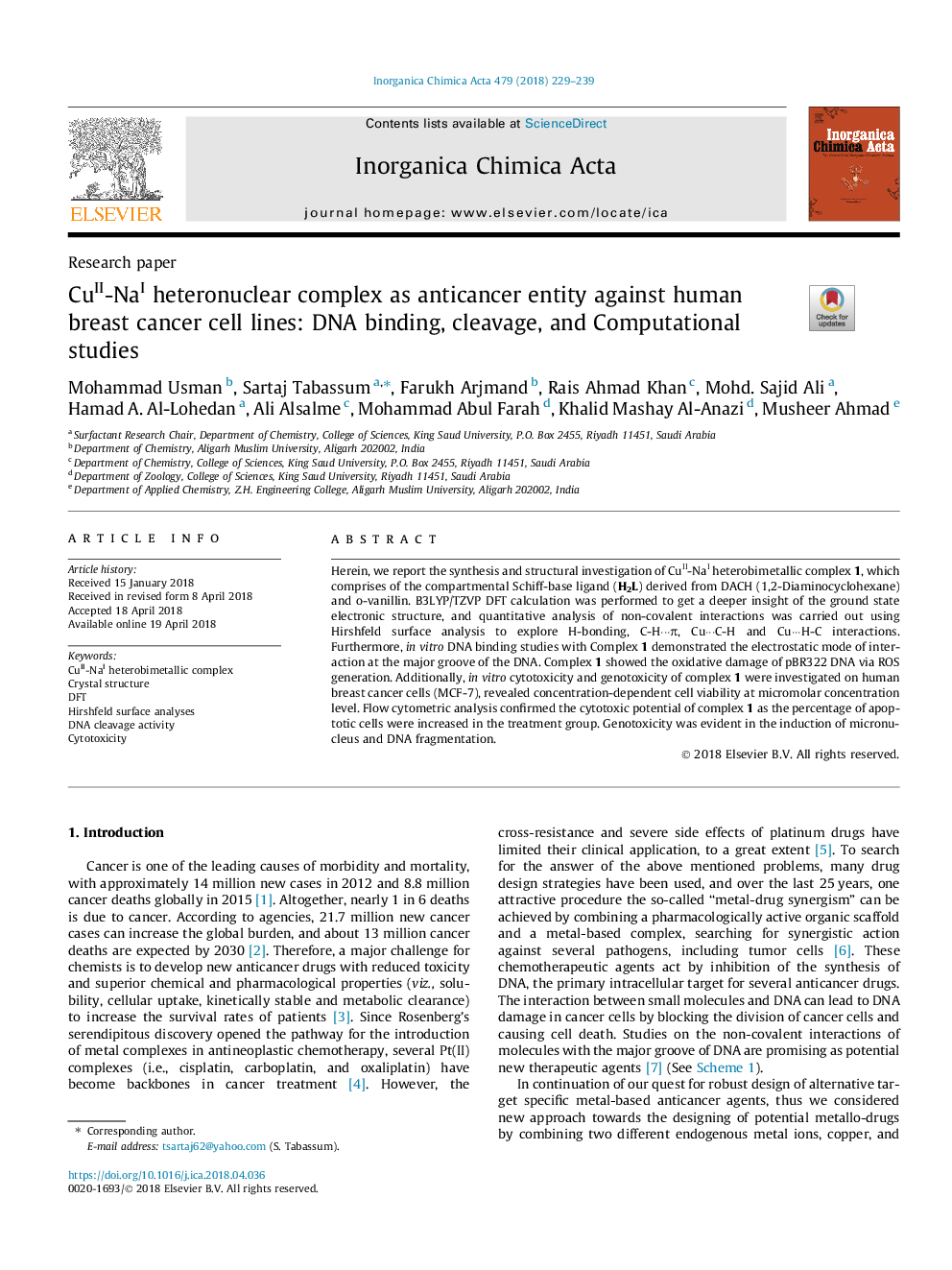 CuII-NaI heteronuclear complex as anticancer entity against human breast cancer cell lines: DNA binding, cleavage, and Computational studies