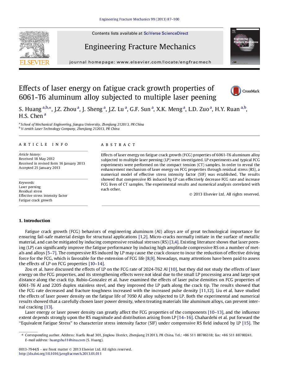 Effects of laser energy on fatigue crack growth properties of 6061-T6 aluminum alloy subjected to multiple laser peening