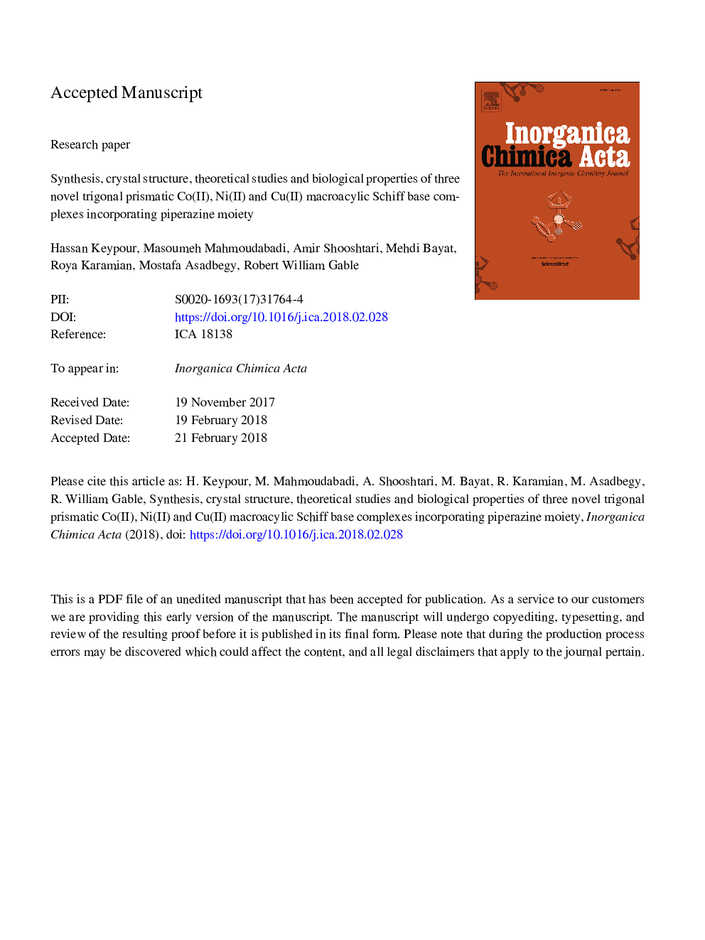 Synthesis, crystal structure, theoretical studies and biological properties of three novel trigonal prismatic Co(II), Ni(II) and Cu(II) macroacyclic Schiff base complexes incorporating piperazine moiety