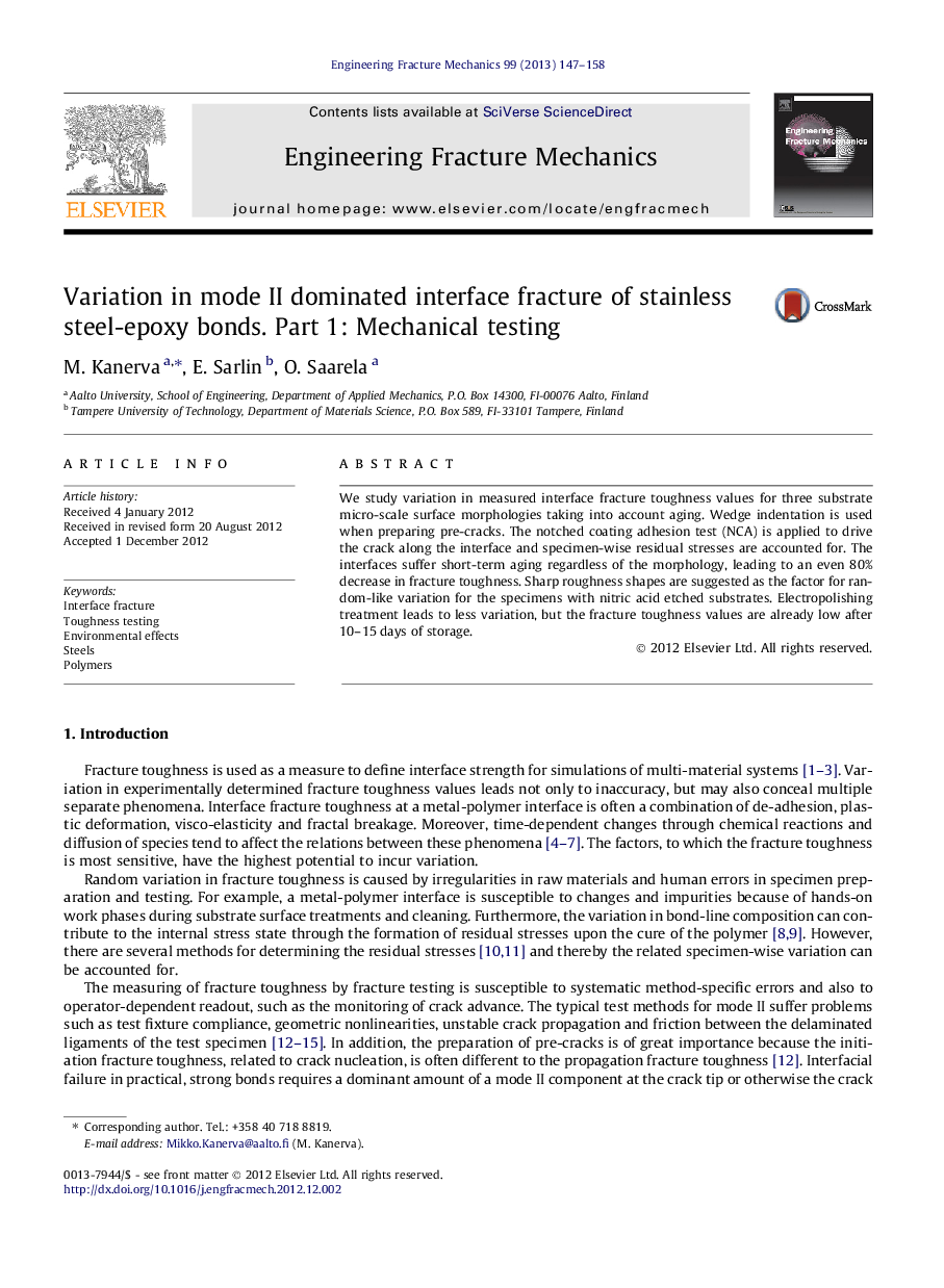 Variation in mode II dominated interface fracture of stainless steel-epoxy bonds. Part 1: Mechanical testing