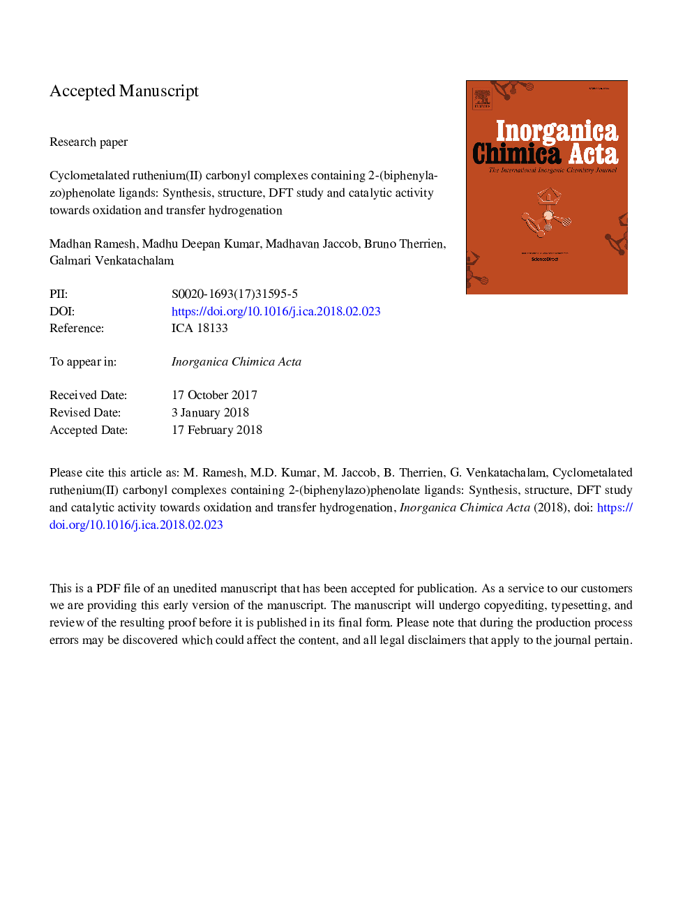 Cyclometalated ruthenium(II) carbonyl complexes containing 2-(biphenylazo)phenolate ligands: Synthesis, structure, DFT study and catalytic activity towards oxidation and transfer hydrogenation