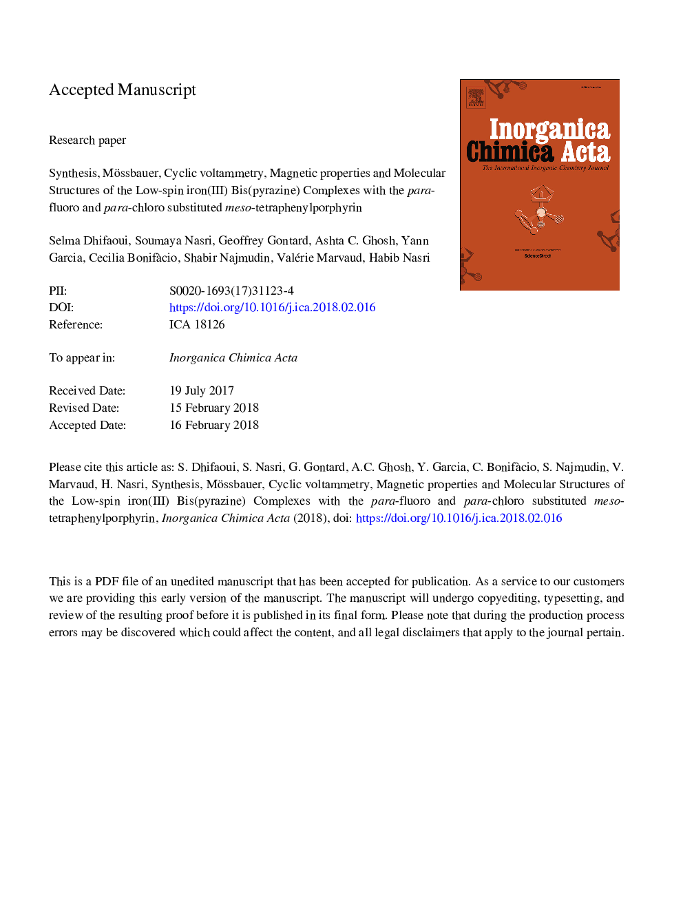 Synthesis, Mössbauer, cyclic voltammetry, magnetic properties and molecular structures of the low-spin iron(III) bis(pyrazine) complexes with the para-fluoro and para-chloro substituted meso-tetraphenylporphyrin