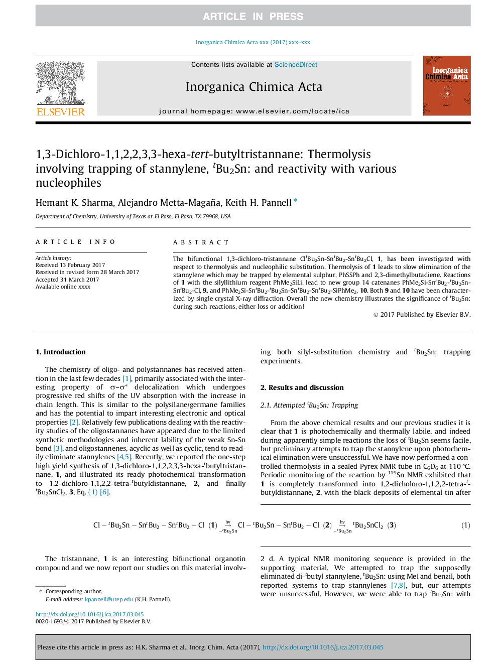 1,3-Dichloro-1,1,2,2,3,3-hexa-tert-butyltristannane: Thermolysis involving trapping of stannylene, tBu2Sn: and reactivity with various nucleophiles