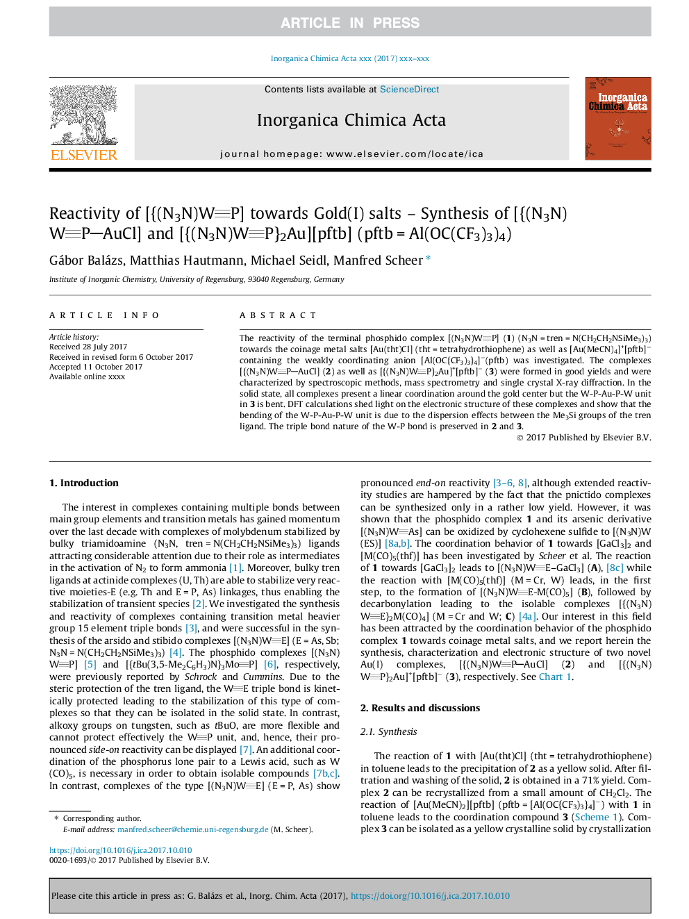 Reactivity of [{(N3N)WP] towards Gold(I) salts - Synthesis of [{(N3N)WPAuCl] and [{(N3N)WP}2Au][pftb] (pftbâ¯=â¯Al(OC(CF3)3)4)