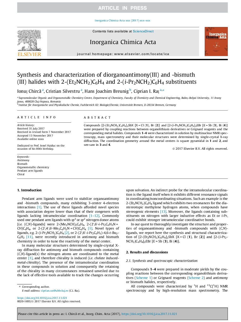 Synthesis and characterization of diorganoantimony(III) and -bismuth(III) halides with 2-(Et2NCH2)C6H4 and 2-(i-Pr2NCH2)C6H4 substituents