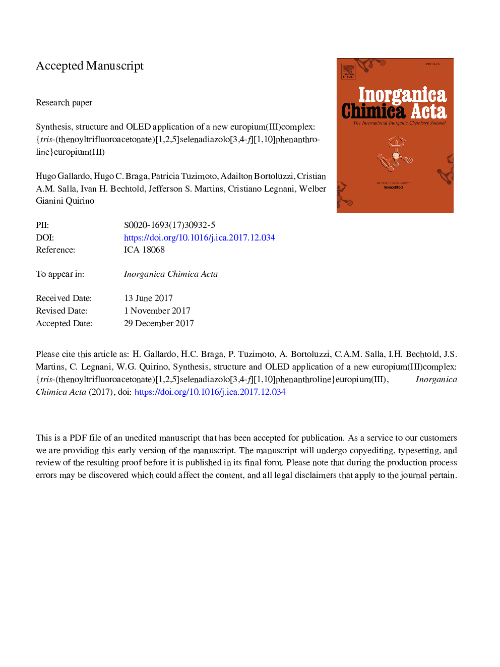 Synthesis, structure and OLED application of a new europium(III) complex: {tris-(thenoyltrifluoroacetonate)[1,2,5]selenadiazolo[3,4-f][1,10]phenanthroline}europium(III)