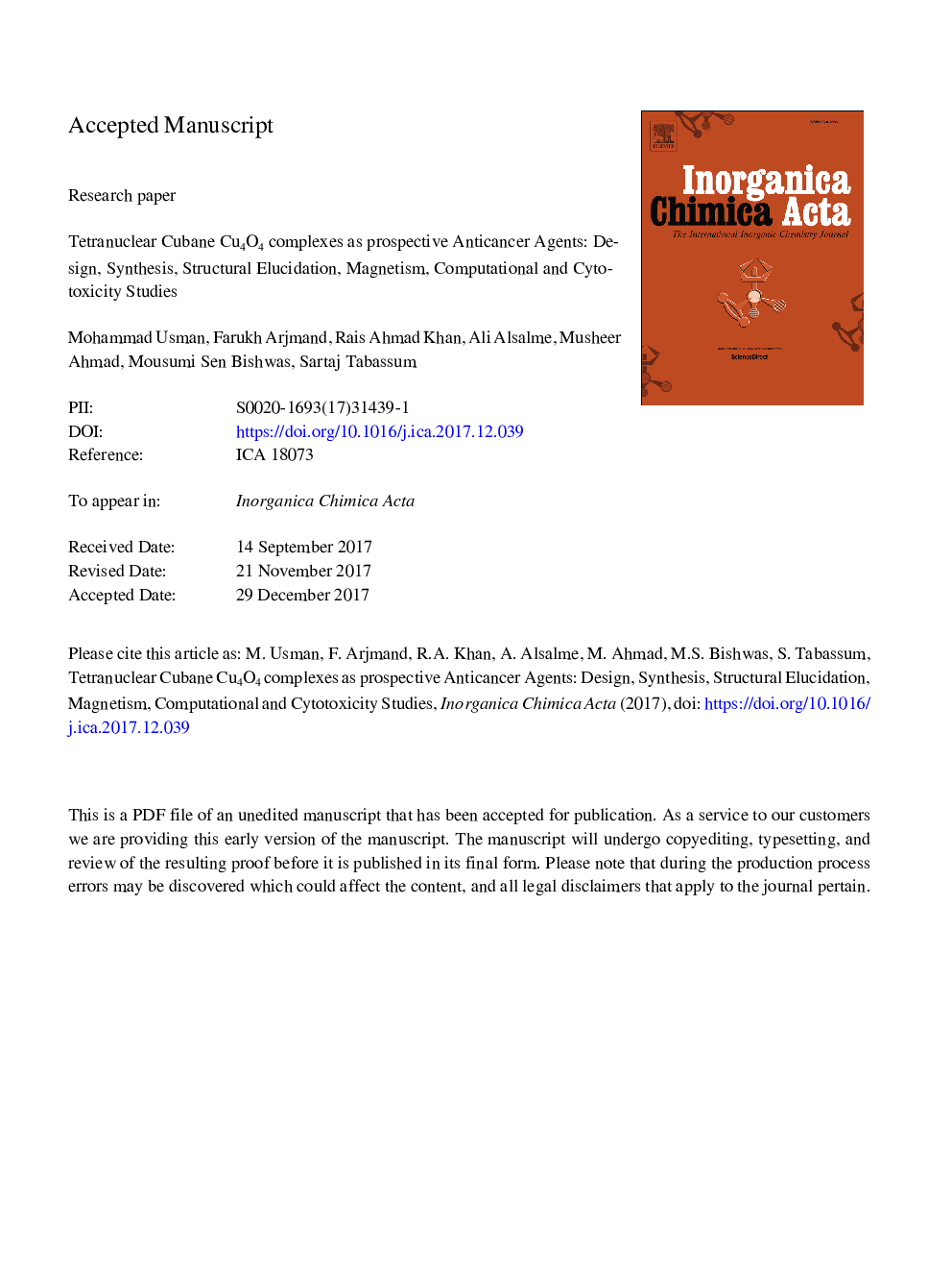 Tetranuclear cubane Cu4O4 complexes as prospective anticancer agents: Design, synthesis, structural elucidation, magnetism, computational and cytotoxicity studies