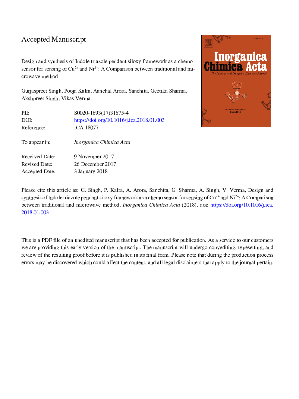 Design and synthesis of indole triazole pendant siloxy framework as a chemo sensor for sensing of Cu2+ and Ni2+: A comparison between traditional and microwave method