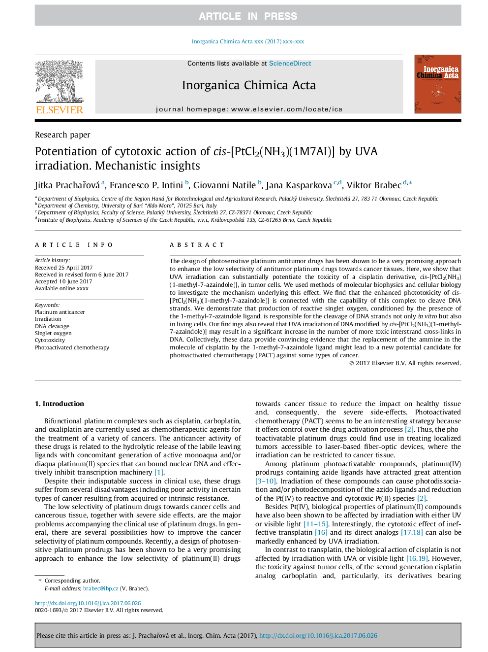 Potentiation of cytotoxic action of cis-[PtCl2(NH3)(1M7AI)] by UVA irradiation. Mechanistic insights