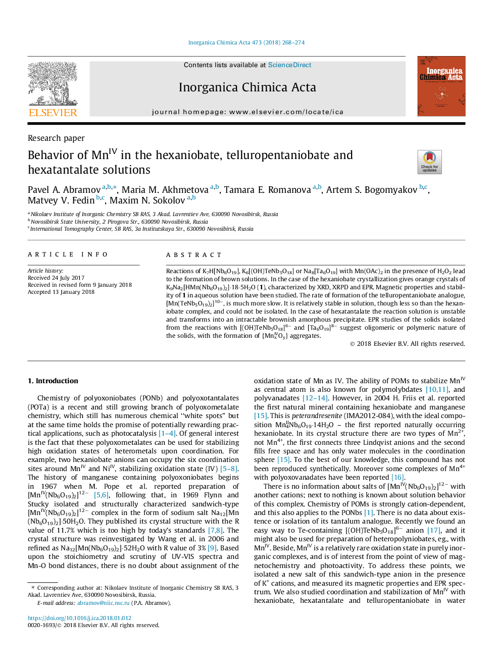 Behavior of MnIV in the hexaniobate, telluropentaniobate and hexatantalate solutions