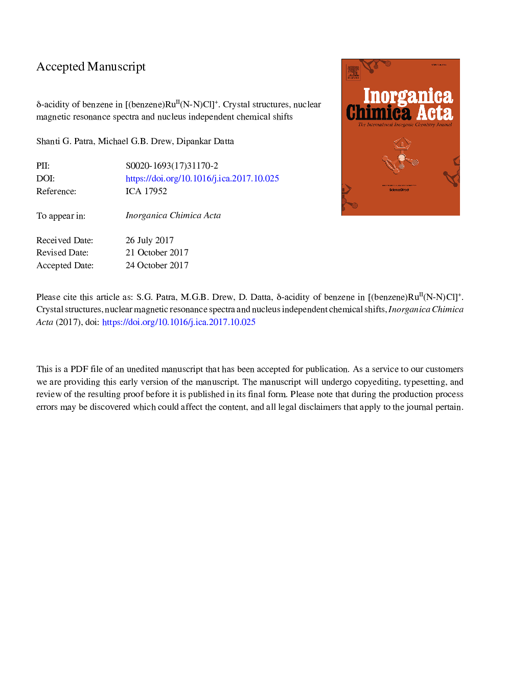 Î´-Acidity of benzene in [(benzene)RuII(N-N)Cl]+. Crystal structures, nuclear magnetic resonance spectra and nucleus independent chemical shifts