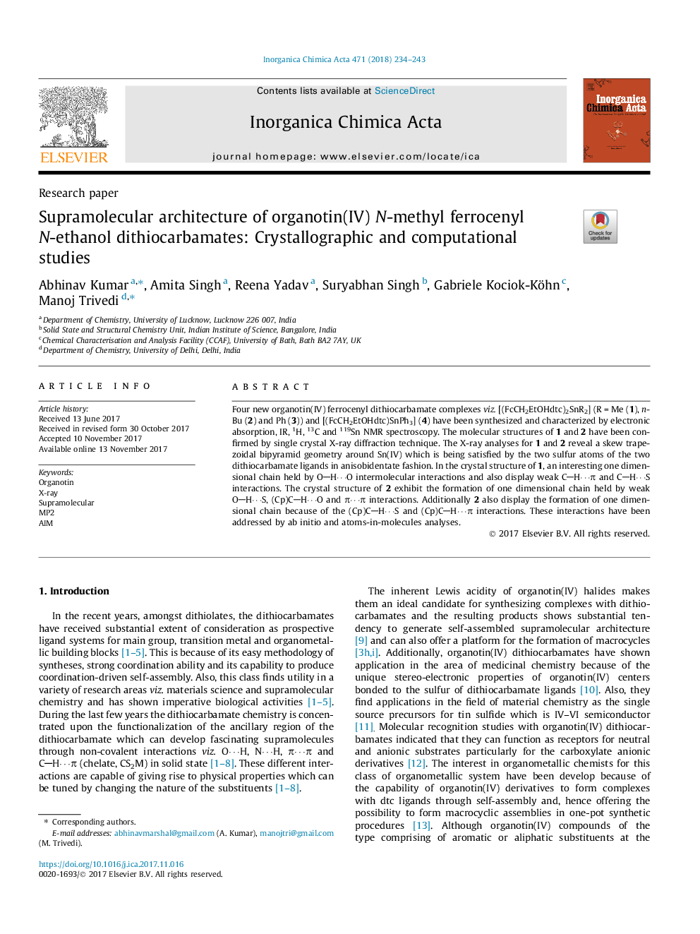 Supramolecular architecture of organotin(IV) N-methyl ferrocenyl N-ethanol dithiocarbamates: Crystallographic and computational studies