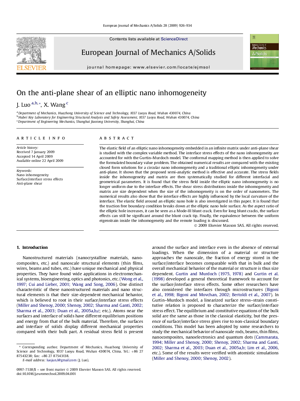 On the anti-plane shear of an elliptic nano inhomogeneity