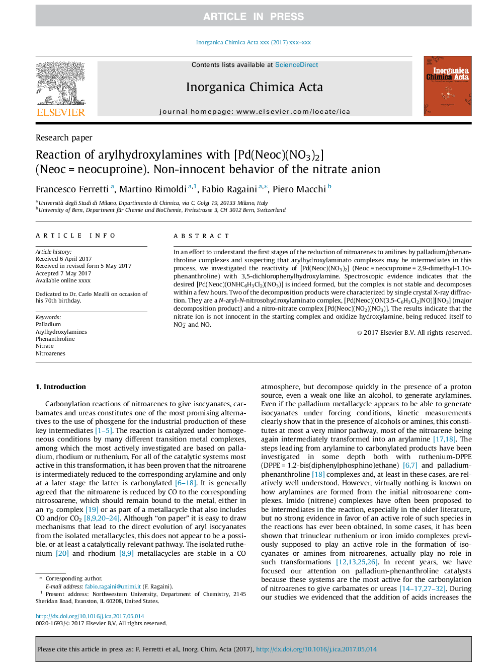 Reaction of arylhydroxylamines with [Pd(Neoc)(NO3)2] (NeocÂ =Â neocuproine). Non-innocent behavior of the nitrate anion