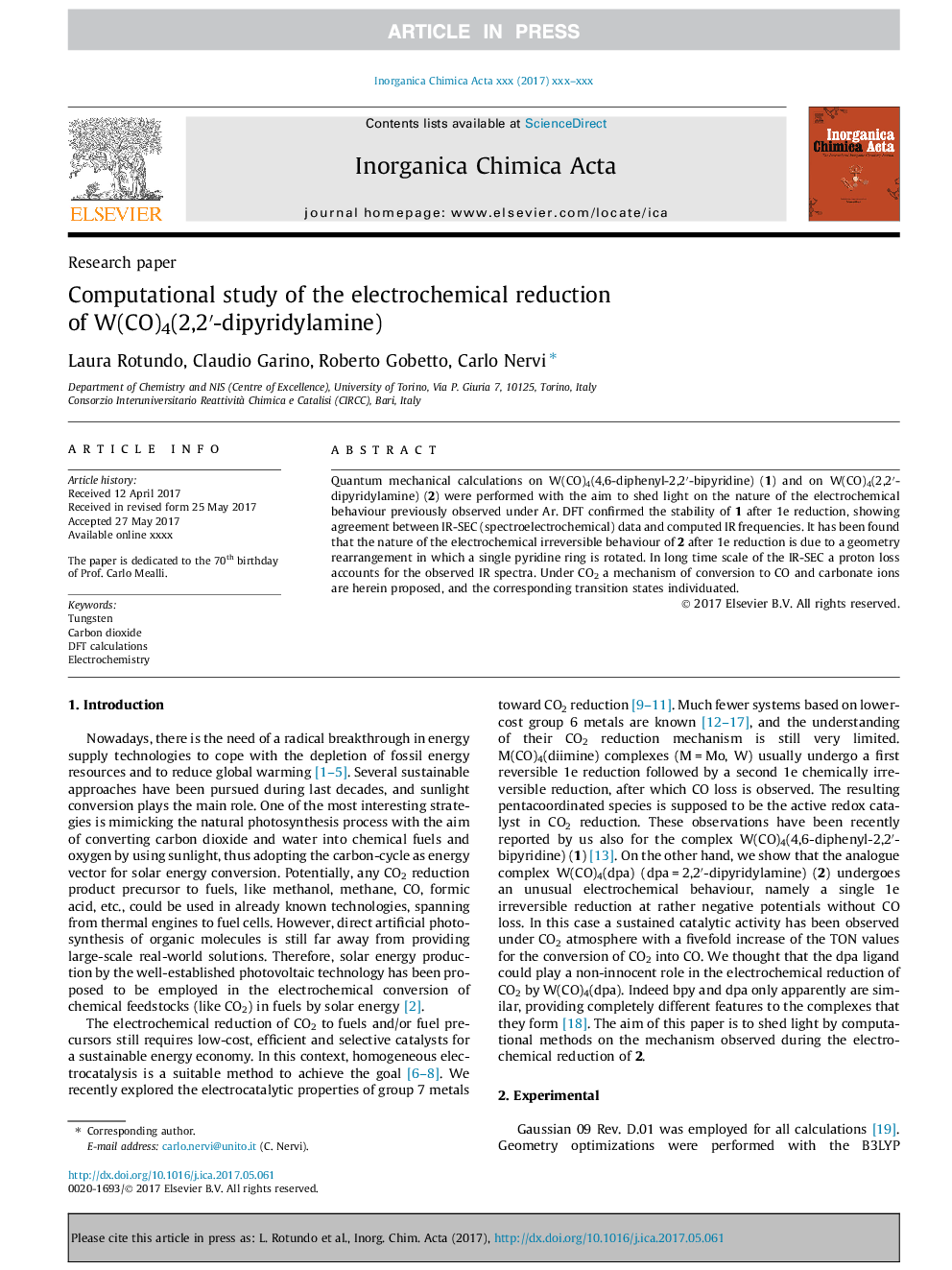 Computational study of the electrochemical reduction of W(CO)4(2,2â²-dipyridylamine)