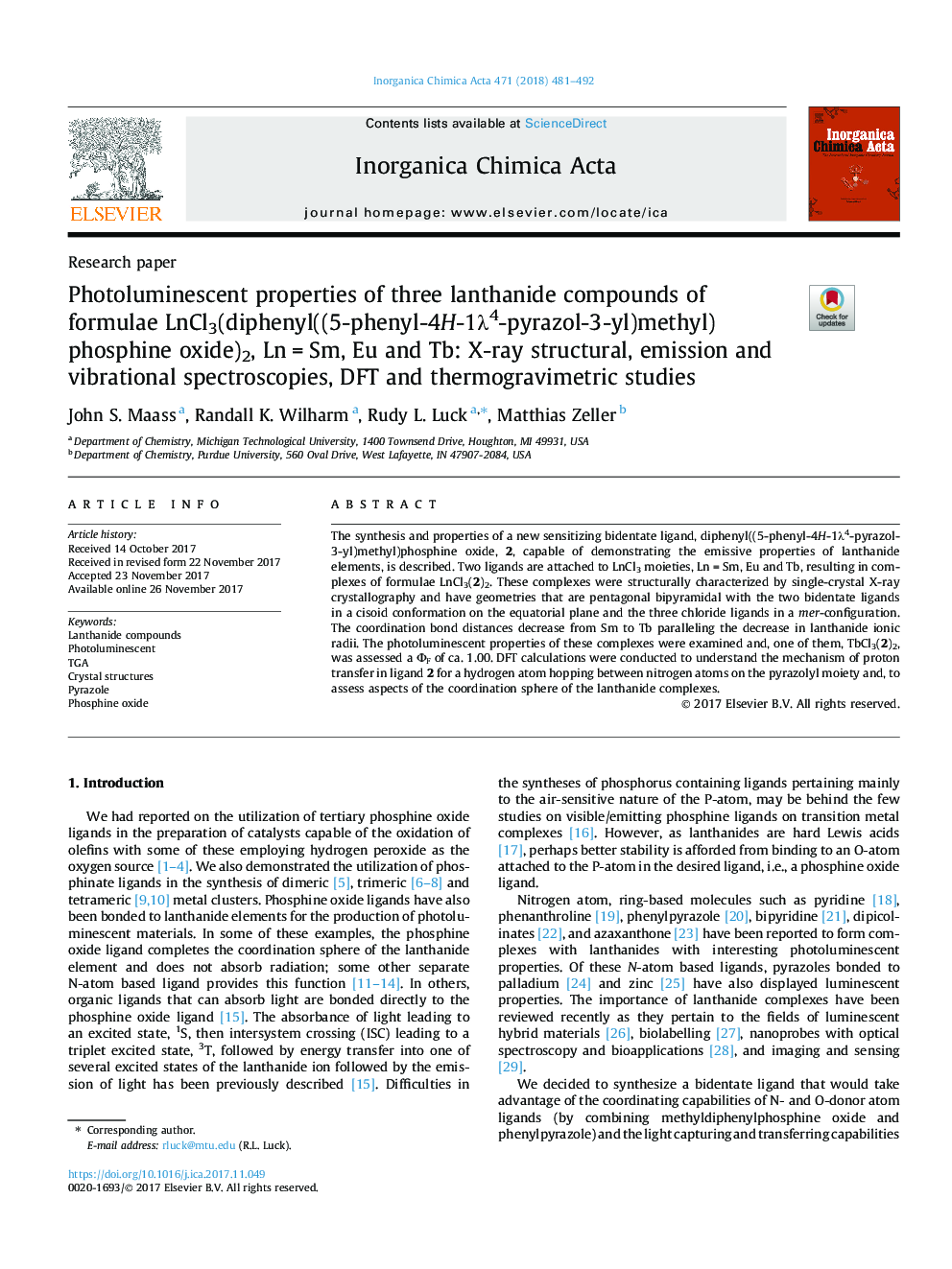 Photoluminescent properties of three lanthanide compounds of formulae LnCl3(diphenyl((5-phenyl-1H-pyrazol-3-yl)methyl)phosphine oxide)2, Lnâ¯=â¯Sm, Eu and Tb: X-ray structural, emission and vibrational spectroscopies, DFT and thermogravimetric studies